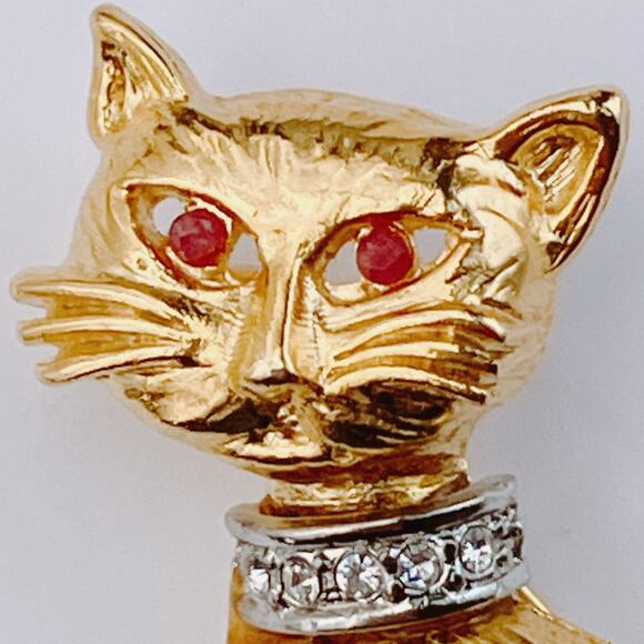VTG 60s Cat Brooch Red Spinel Gemstones Rhinestone Collar Mid Century Gold Tone - Picture 2 of 8